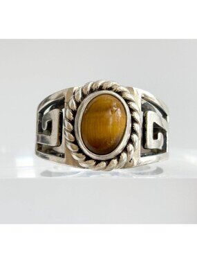 Natural Tiger's Eye Gemstone Taxco, Mexico Sterling Silver 925 Vintage Ring sz 8